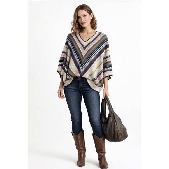 Democracy Sweaters - Democracy Multicolor Crochet Knit Poncho Sweater S/M Boho V-Neck Oversized